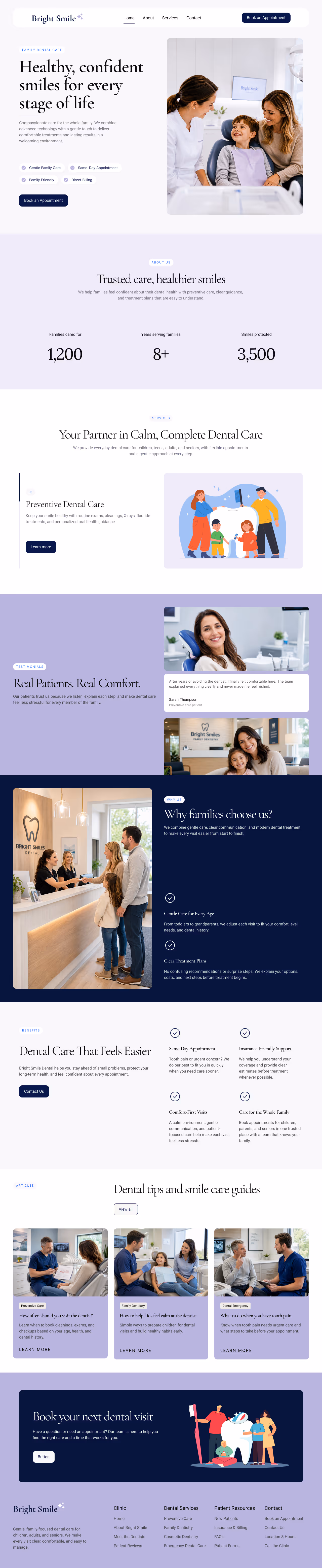 Full-length homepage design for Bright Smile Dental, a family dental clinic website concept