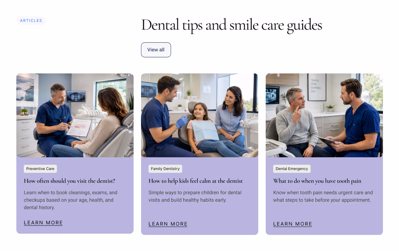 Bright Smile Dental articles and appointment CTA section