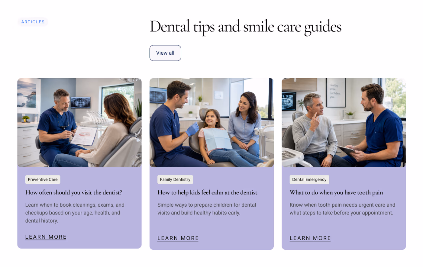 Bright Smile Dental articles and appointment CTA section