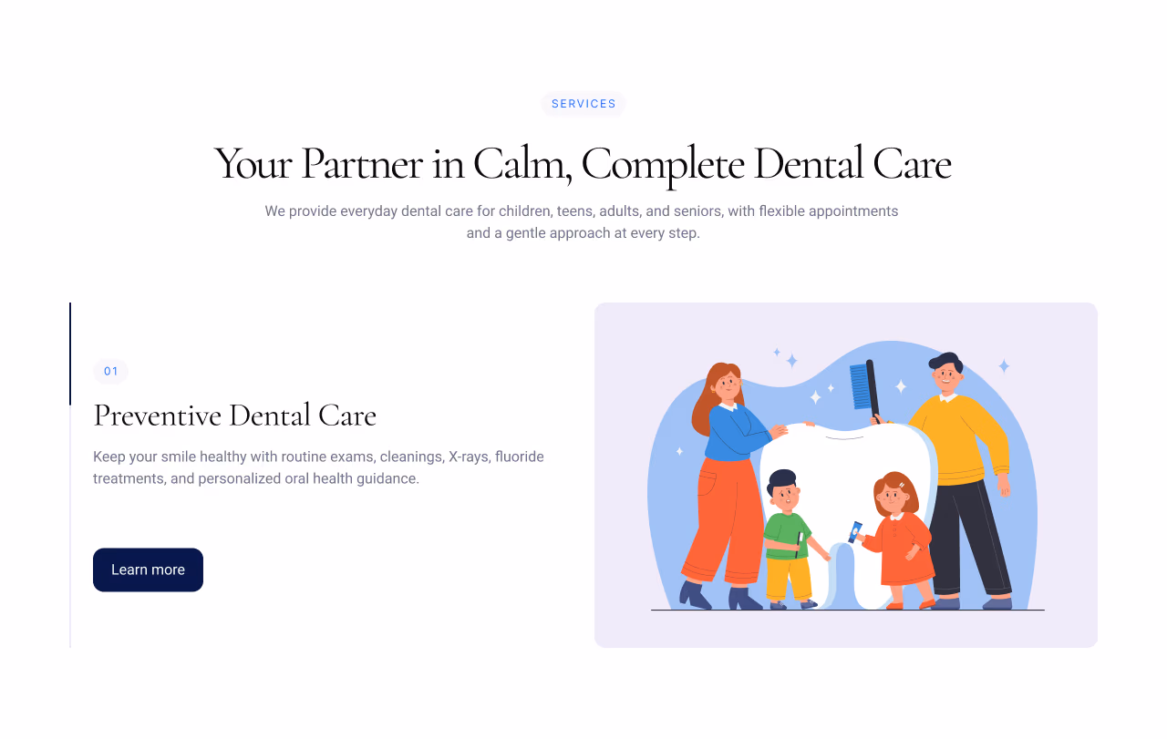 Bright Smile Dental website — services and trust section