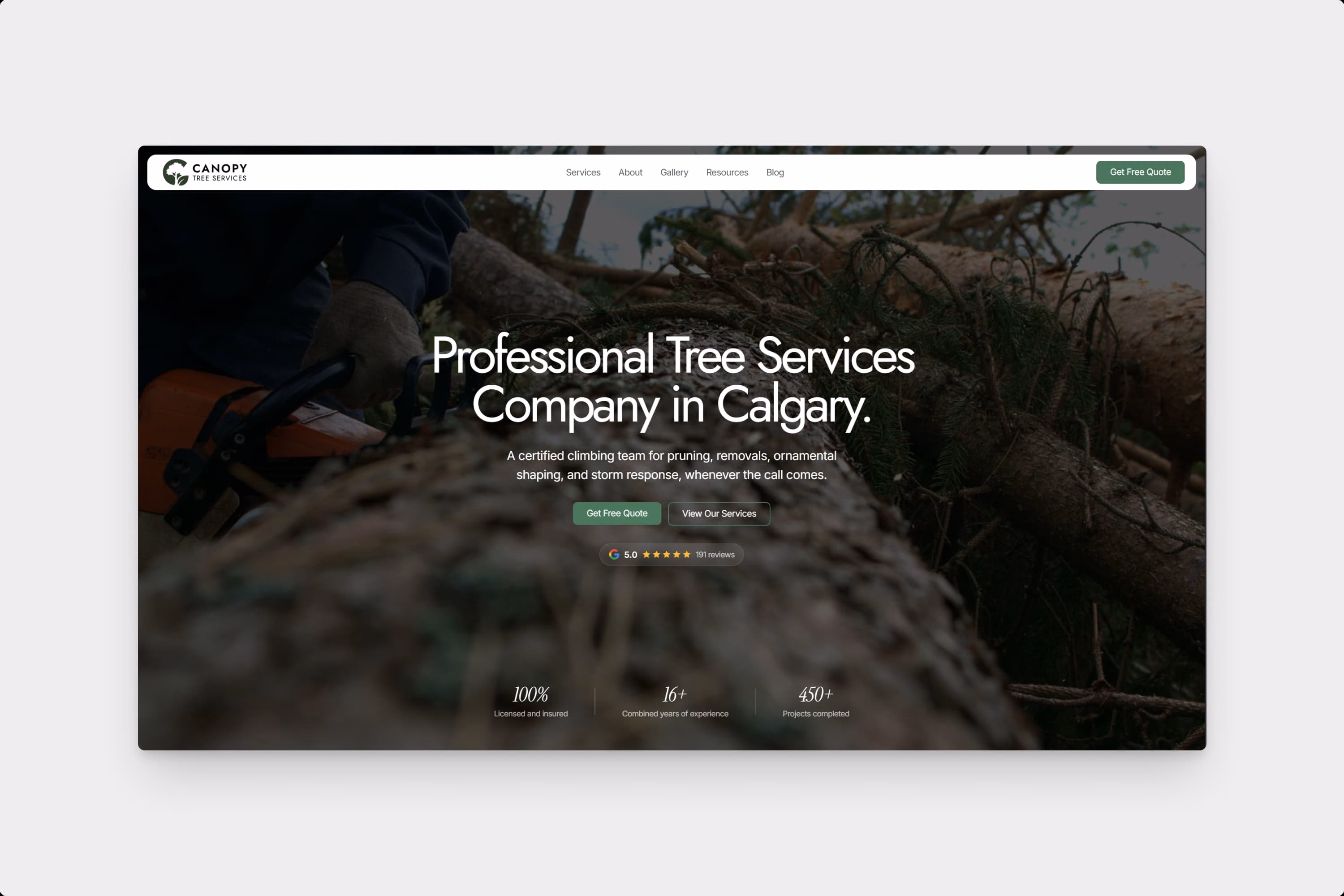 Canopy Tree Services website homepage designed by BitForward