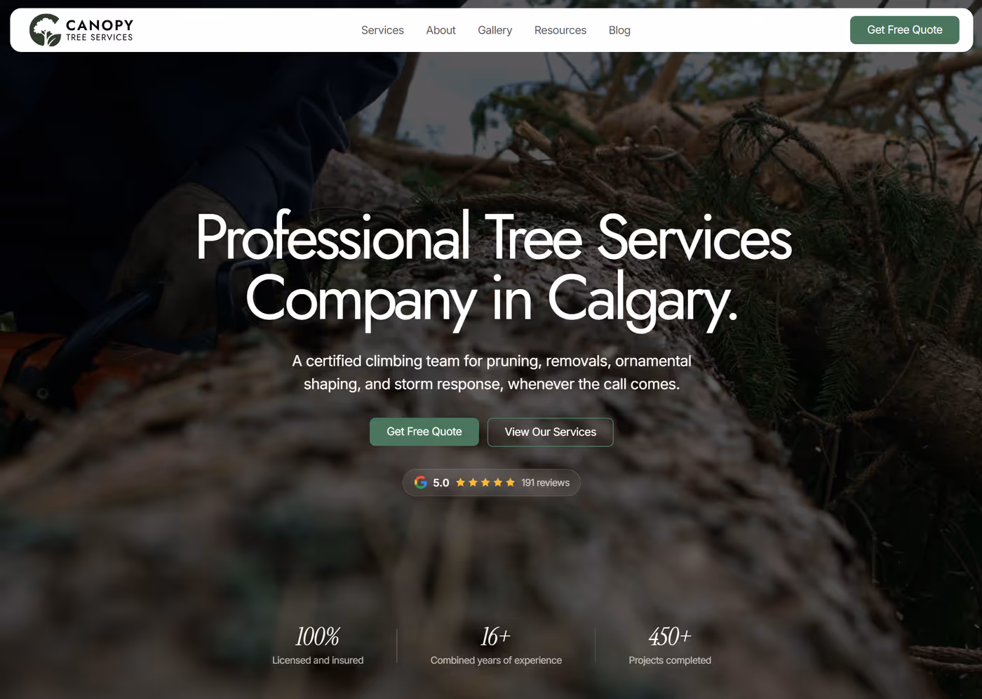 Canopy Tree Services homepage hero section