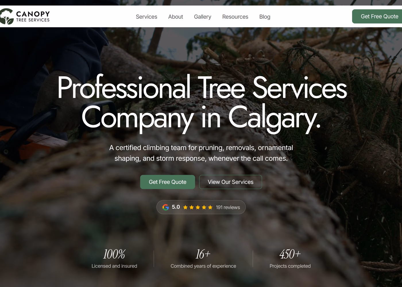 Canopy Tree Services homepage hero section