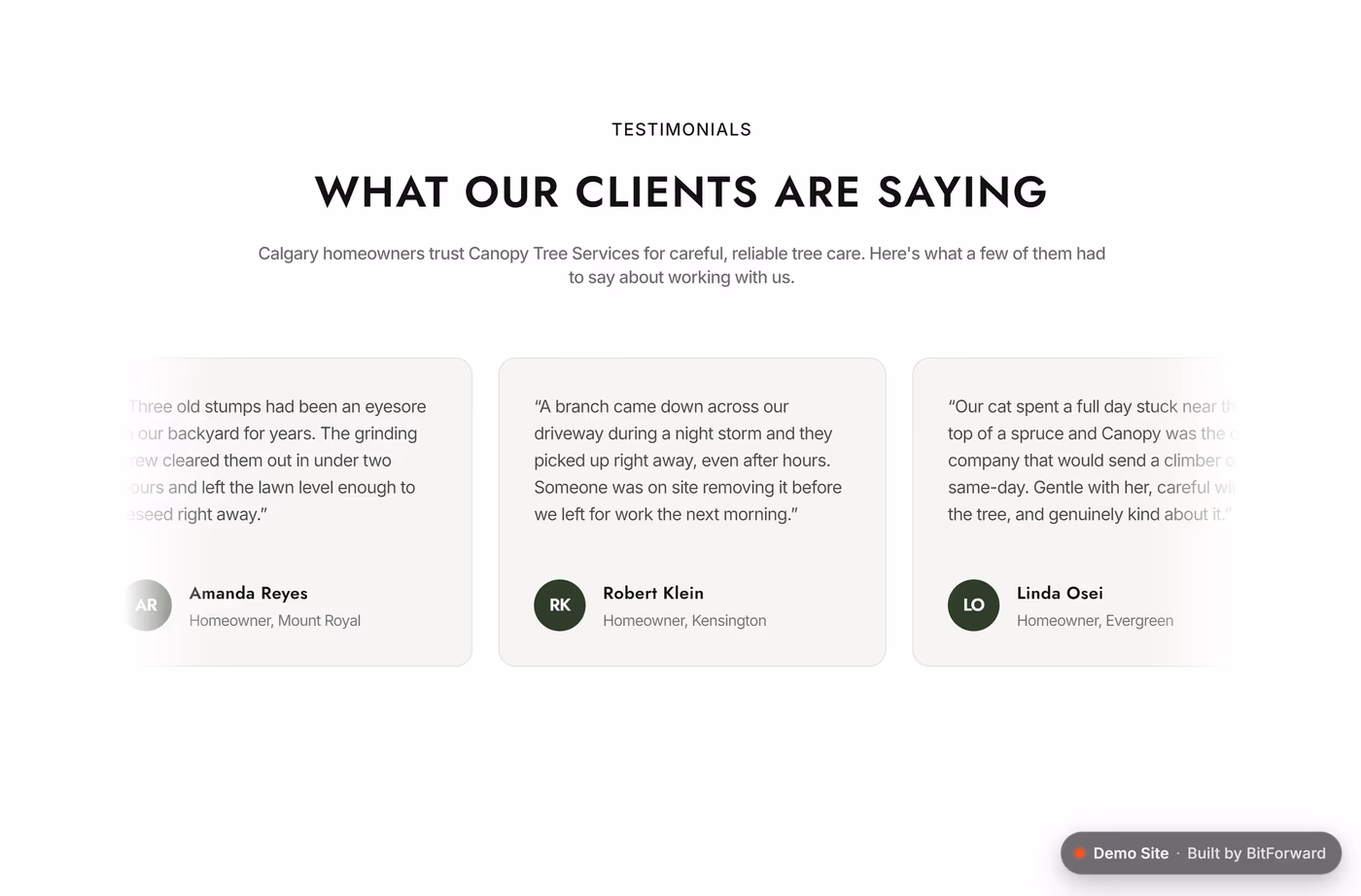 Canopy Tree Services testimonials and contact section