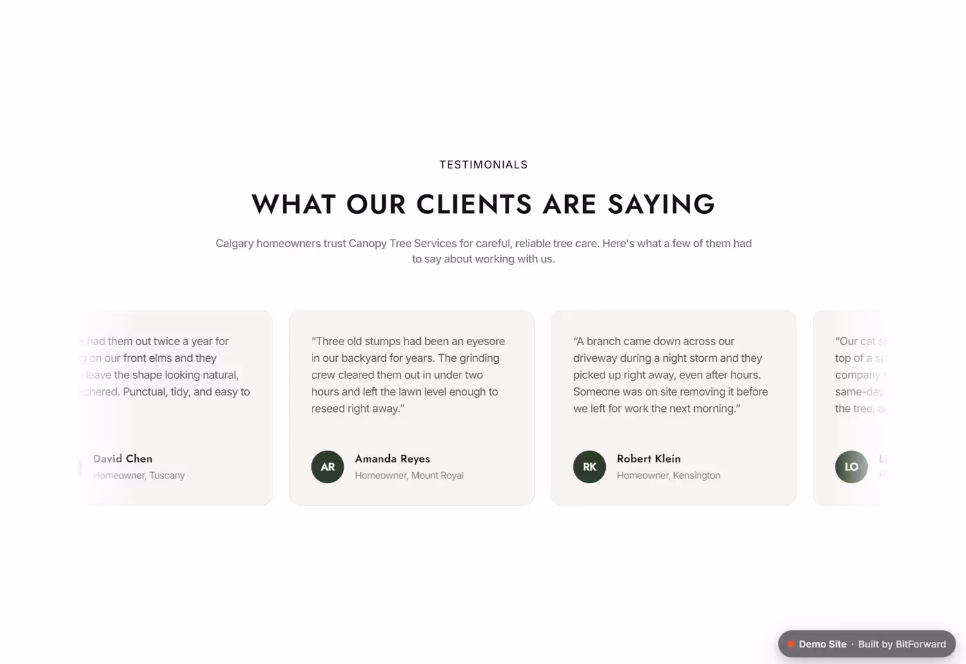 Canopy Tree Services testimonials and contact section