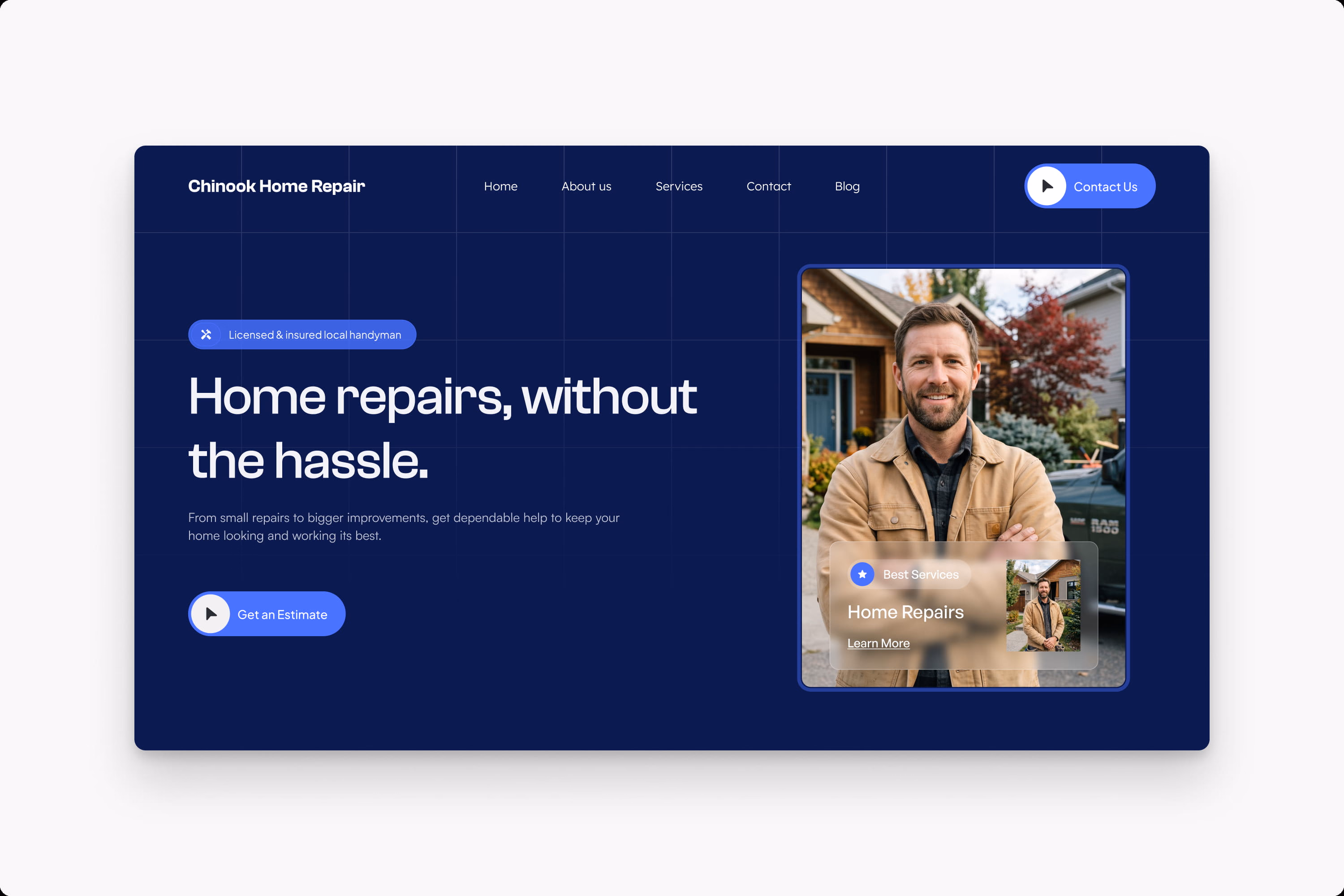 Chinook Home Repair handyman homepage concept with the headline "Home repairs, without the hassle."