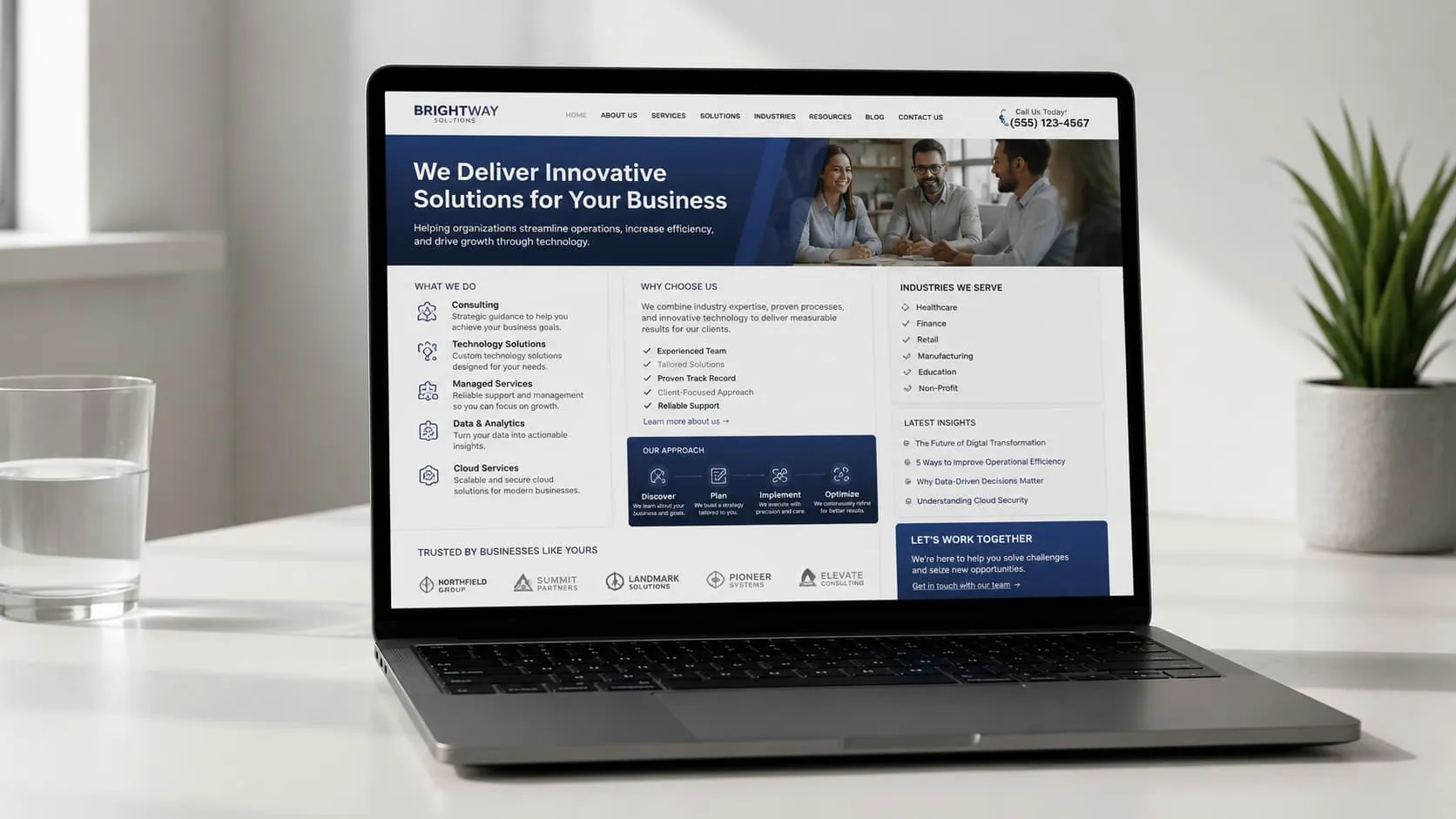 A service business website on a laptop showing a cluttered layout with no clear call to action