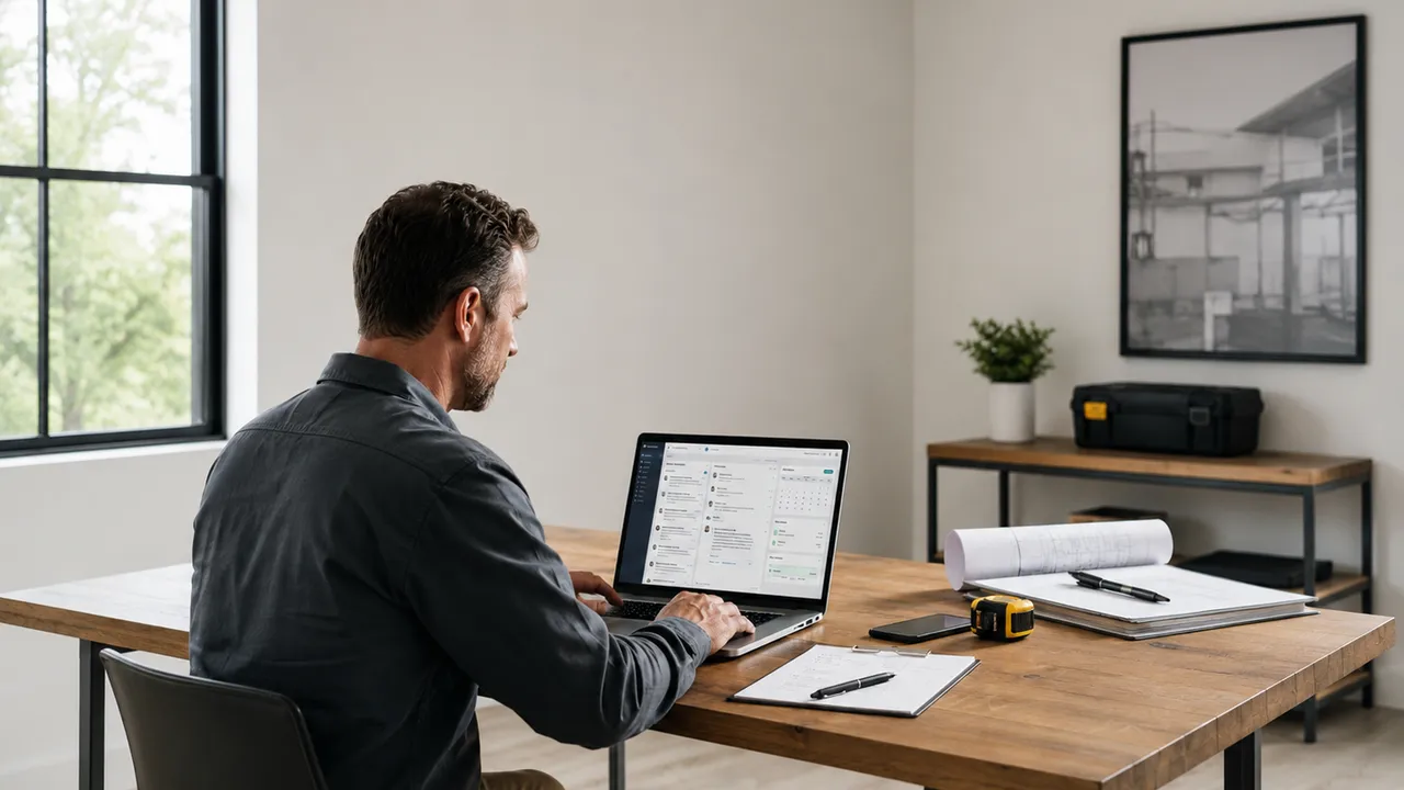 Home service contractor reviewing website leads and customer enquiries on laptop