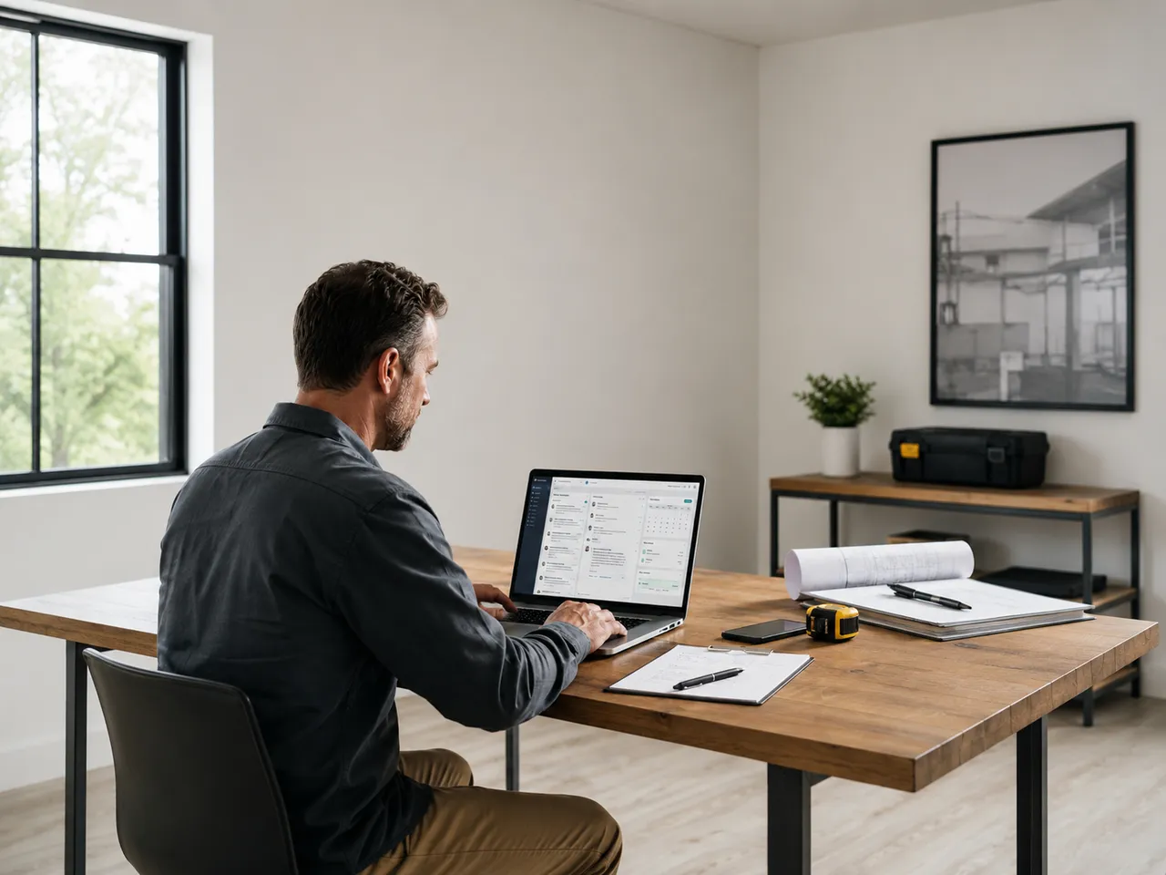 Home service contractor reviewing website leads and customer enquiries on laptop