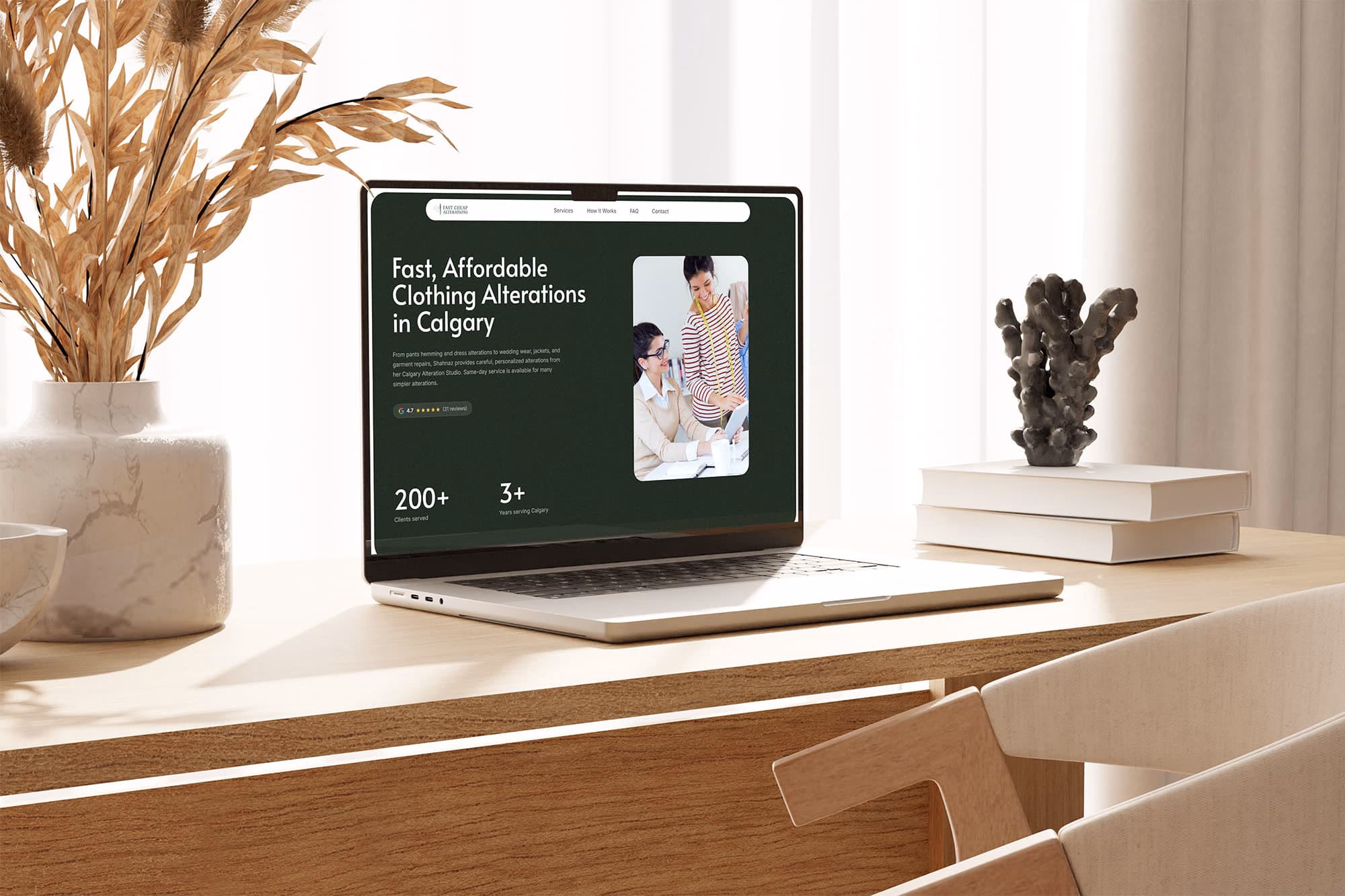 Fast Cheap Alterations homepage shown on a laptop on a wooden desk