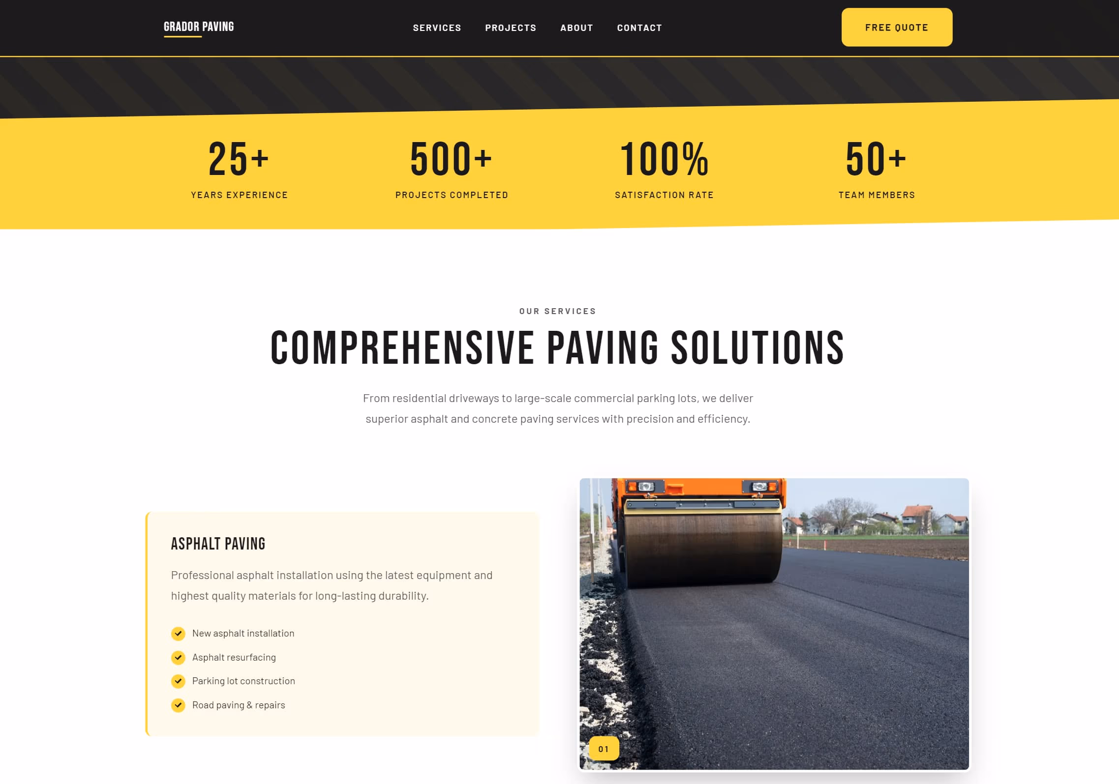 Grador Paving website, services and trust indicators section