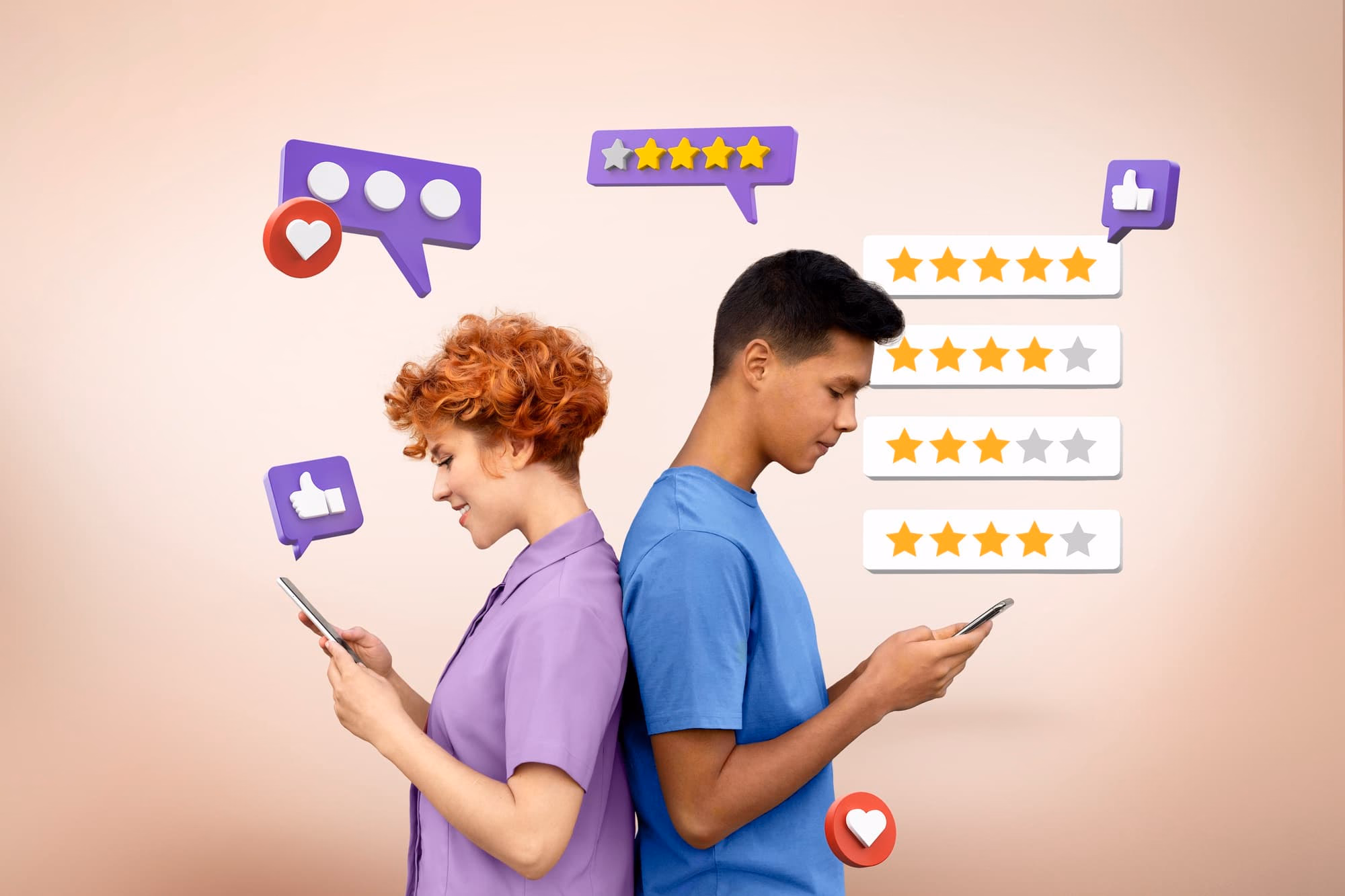 Medium shot two young people looking at the phone and leaving reviews