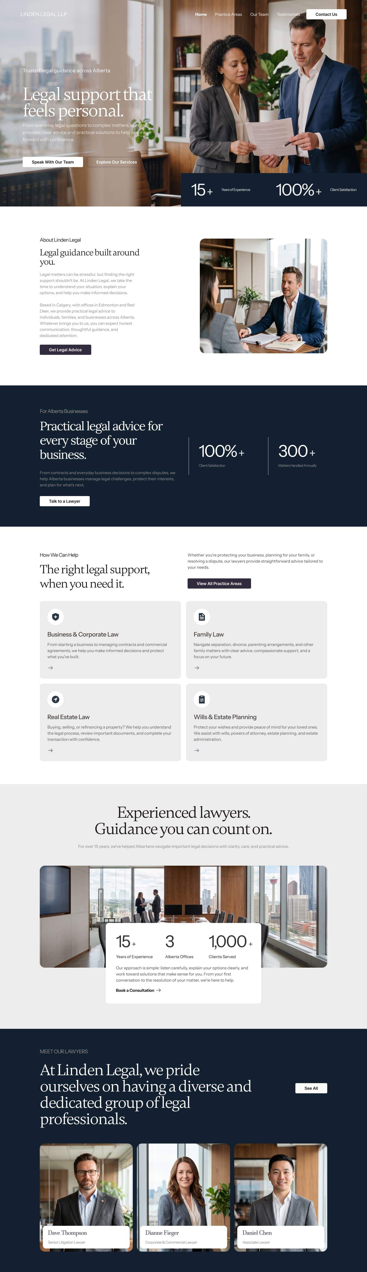 Linden Legal LLP homepage concept: hero with two lawyers reviewing a document, practice area cards, lawyer profiles, office locations, client testimonials and the inquiry form