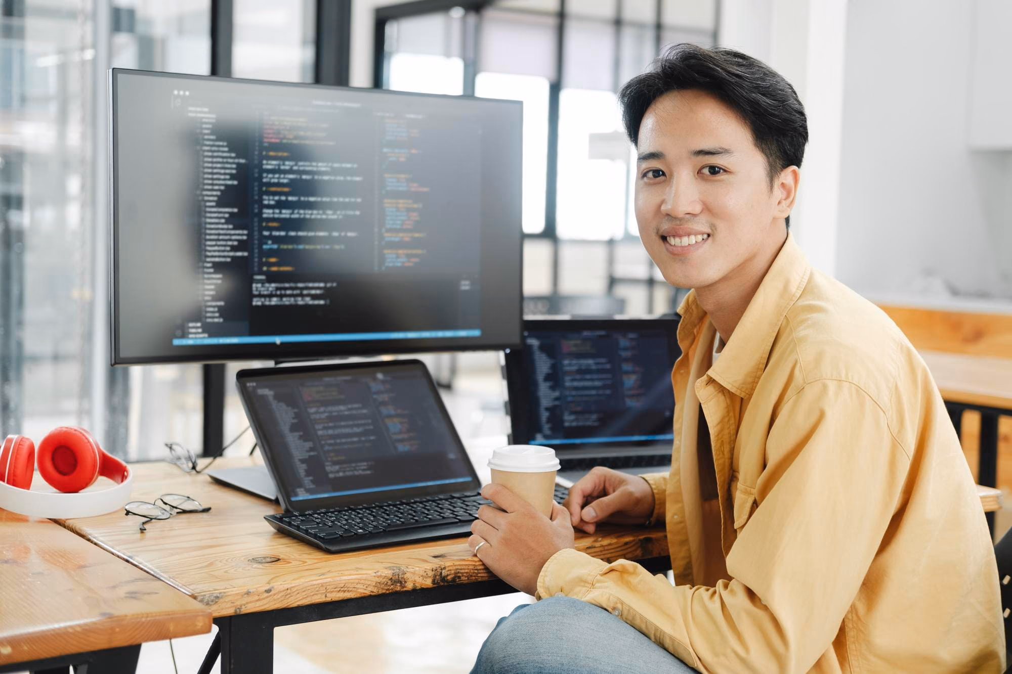 A developer smiling at his desk with code on multiple screens