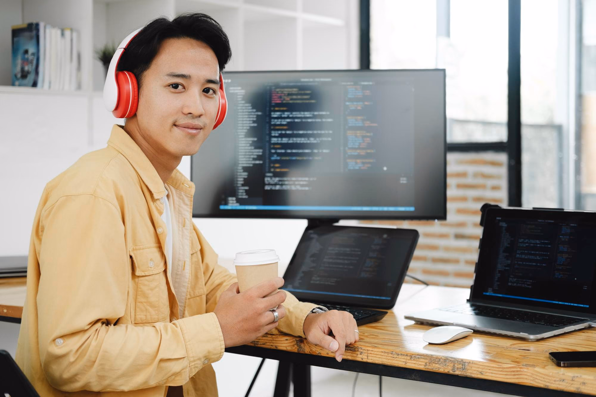 A developer wearing headphones at his desk with a monitor and laptops