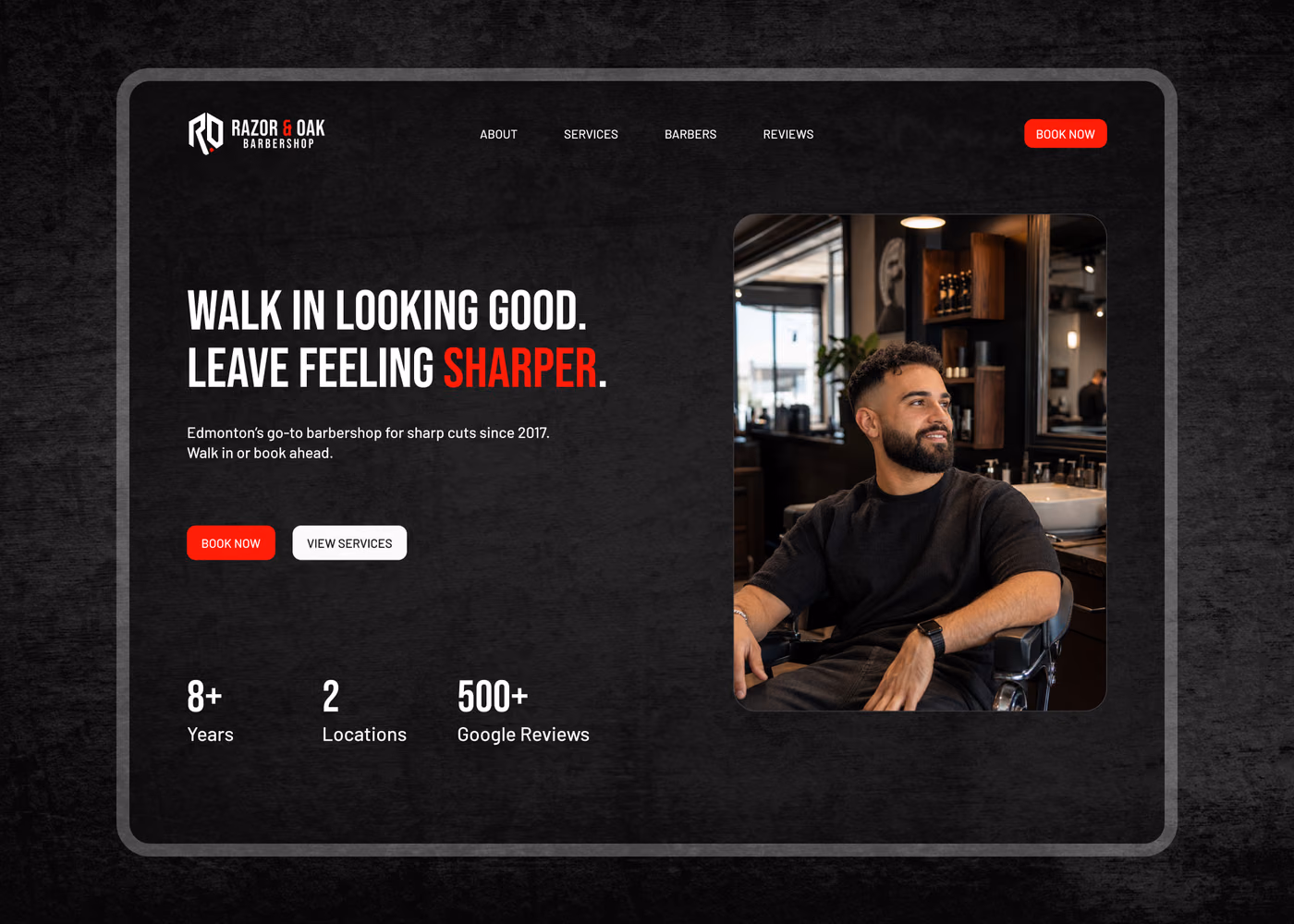 Razor & Oak Barbershop homepage hero with booking CTA and trust strip