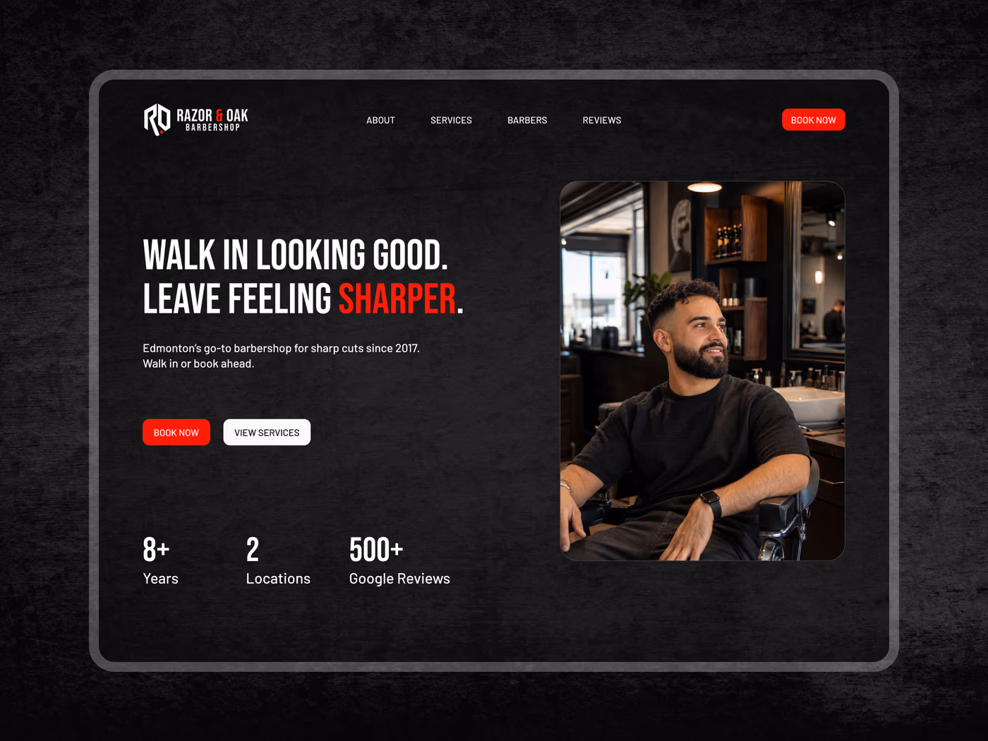Razor & Oak Barbershop homepage hero with booking CTA and trust strip