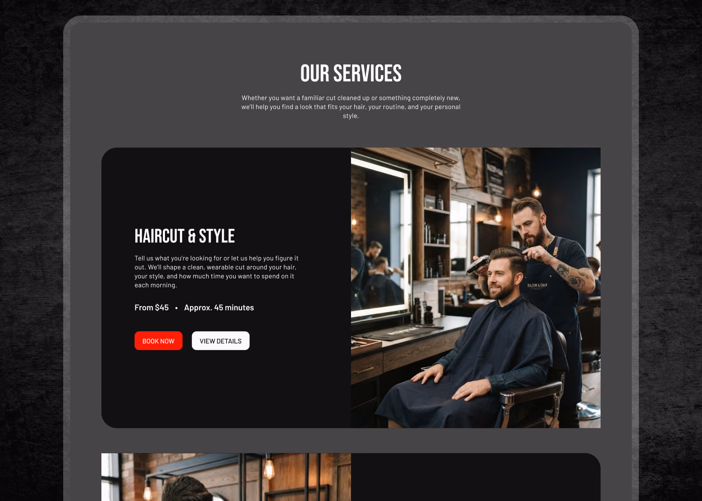 Razor & Oak Barbershop service cards with pricing and duration