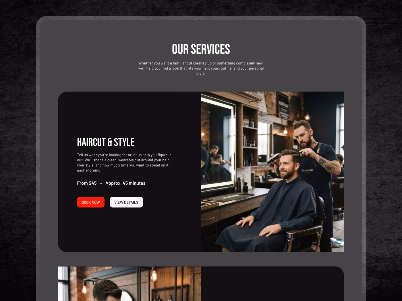 Razor & Oak Barbershop service cards with pricing and duration