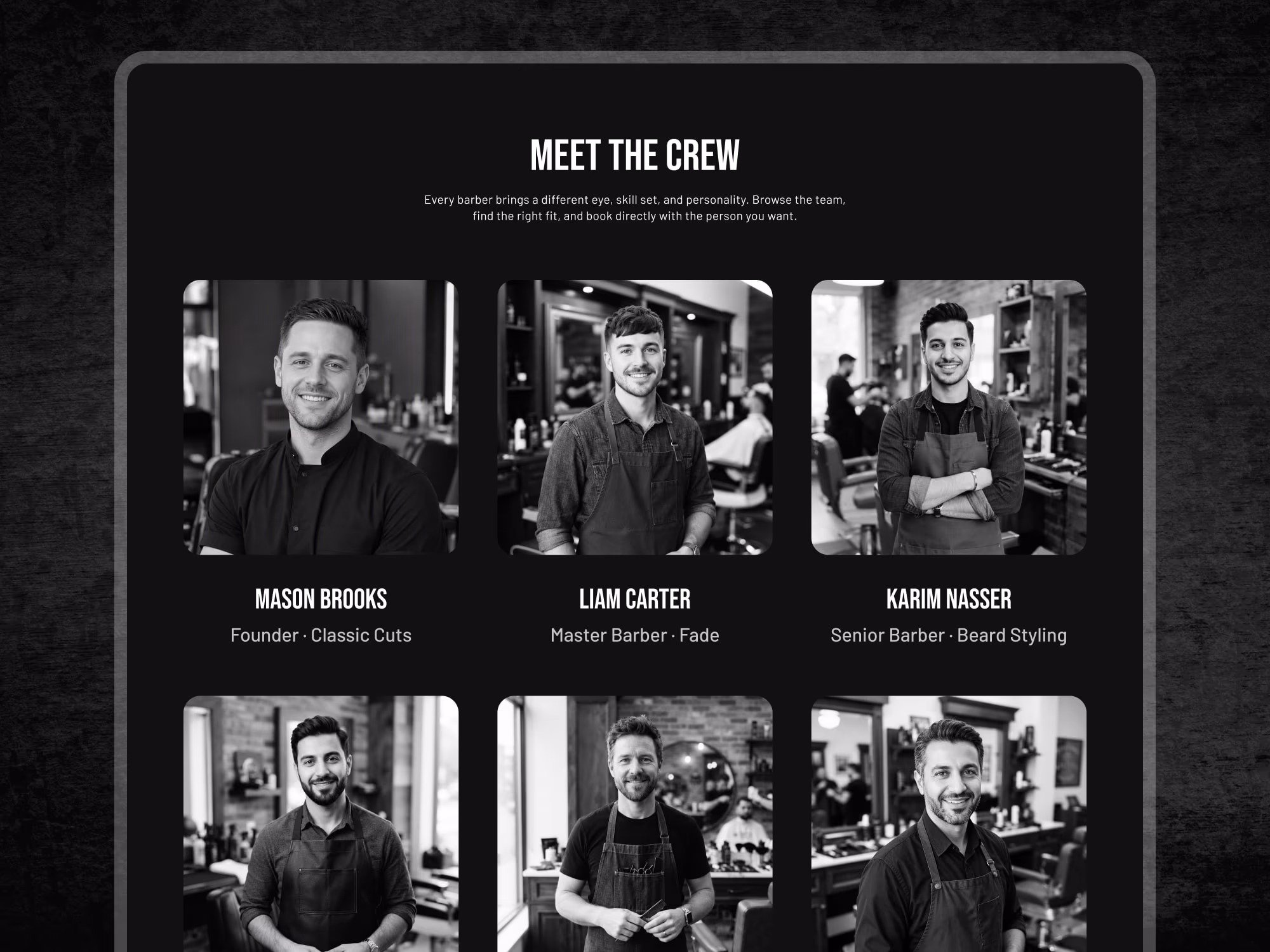 Razor & Oak Barbershop website - crew section with named barbers and specialties