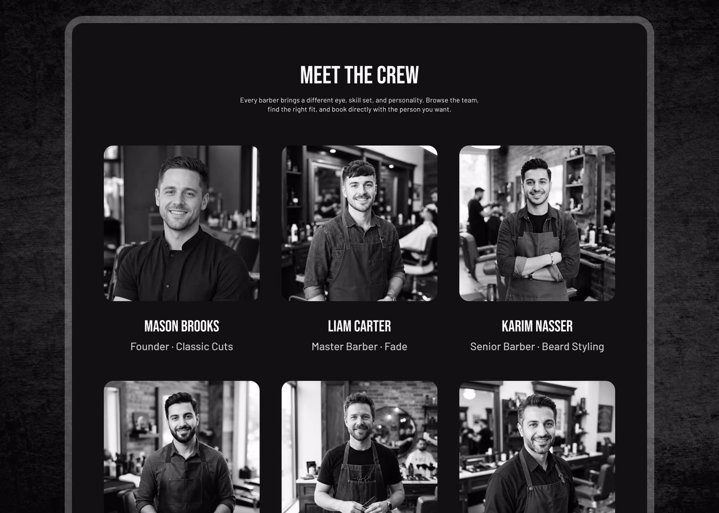 Razor & Oak Barbershop crew section with barber profiles and specialties