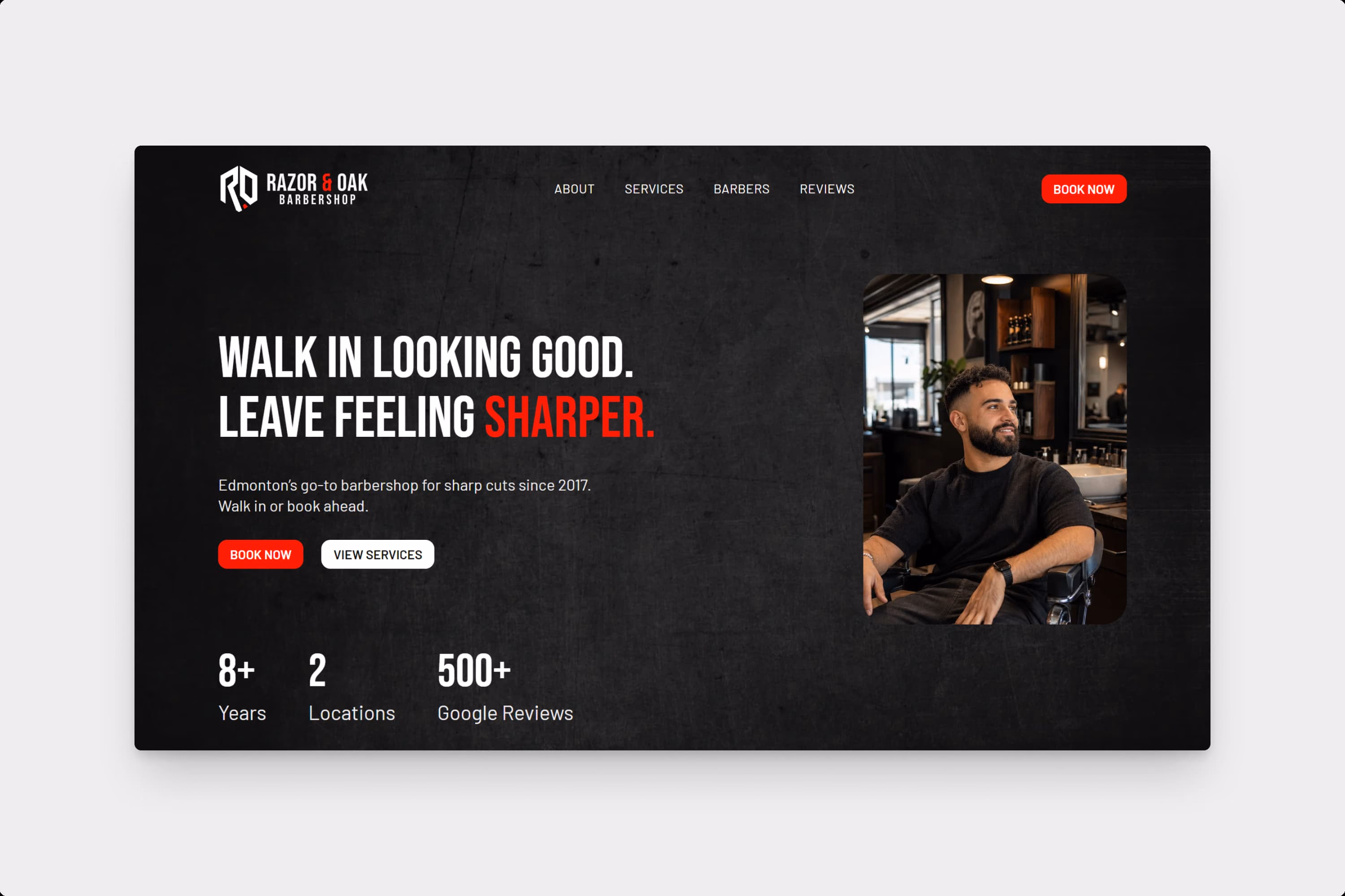 Razor & Oak Barbershop website homepage designed by BitForward