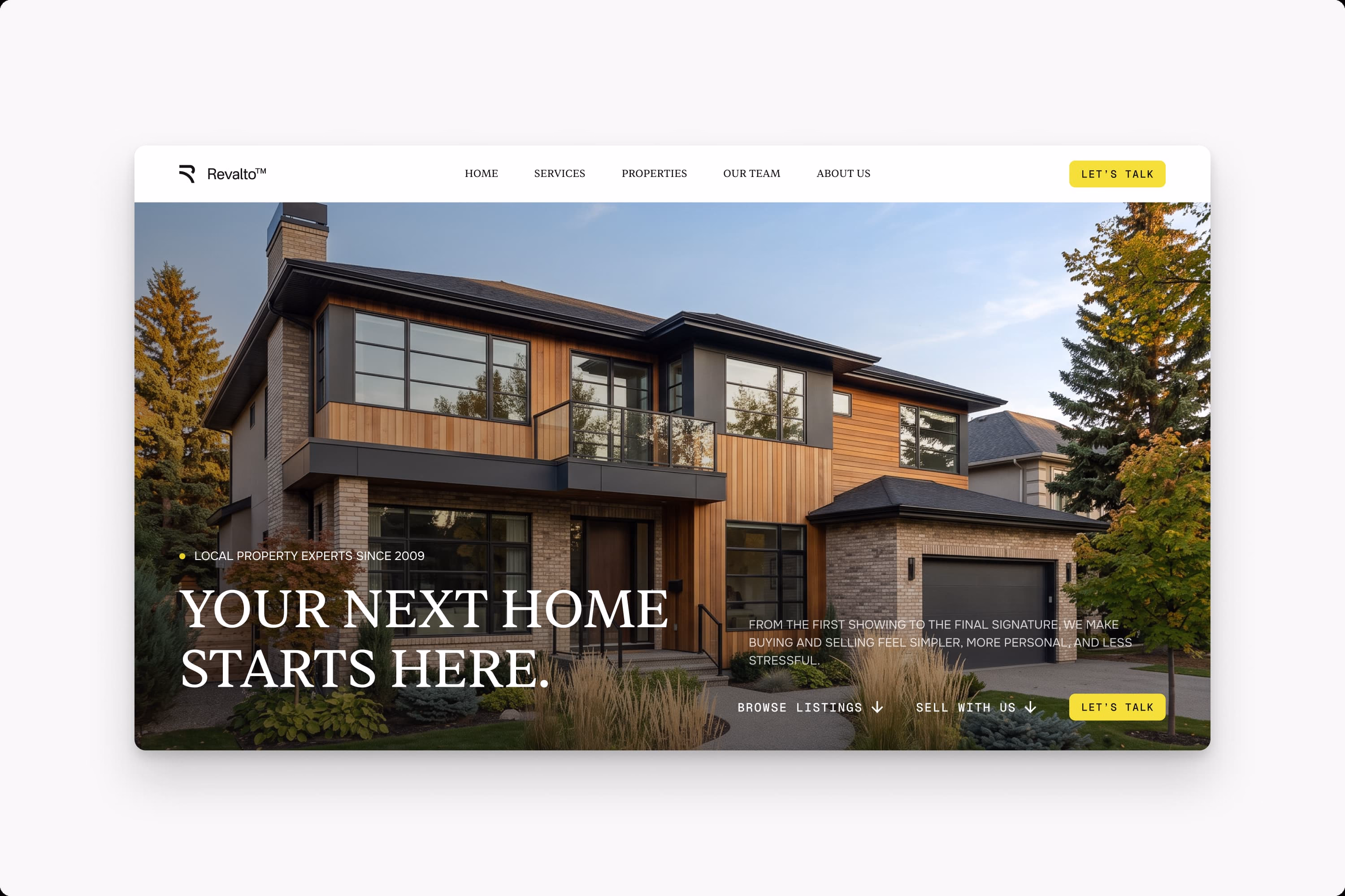 Revalto real estate homepage concept with a modern home and the headline "Your next home starts here."
