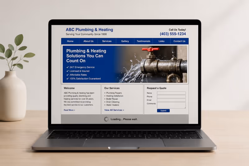 An outdated service business website displayed on a laptop, showing slow load time and unclear navigation