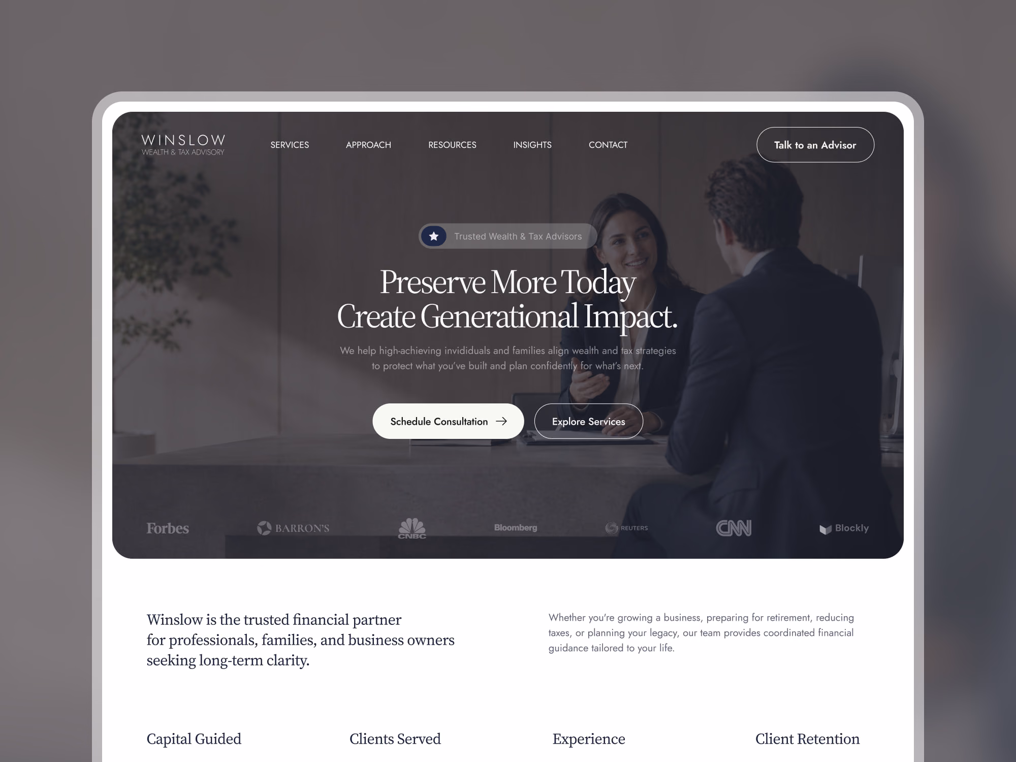 Winslow Wealth Advisory homepage concept shown on a tablet