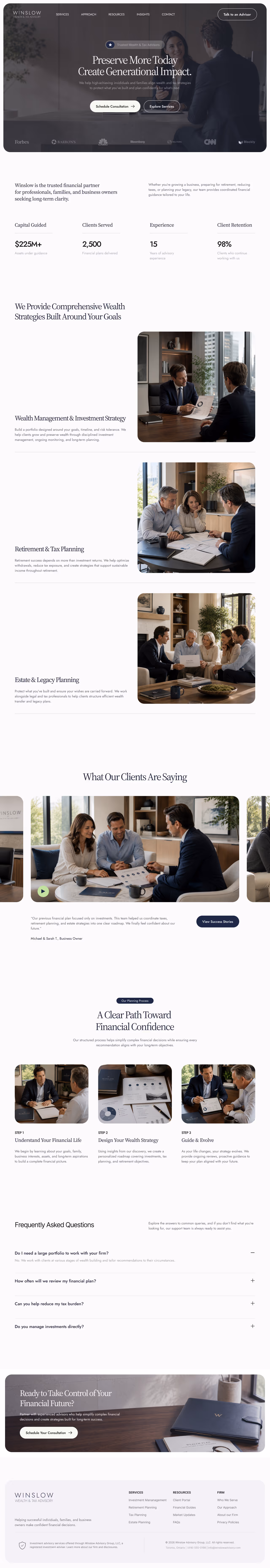 Full-length homepage design for Winslow Wealth Advisory, a private wealth management website concept